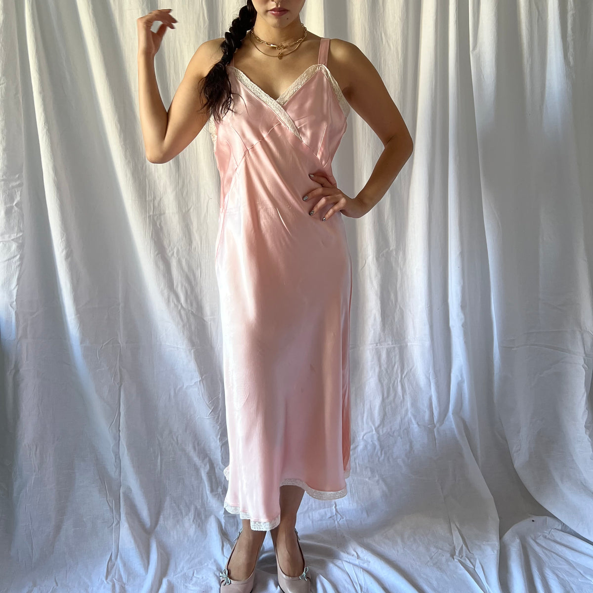 1930s Salmon Pink Silk Lingerie Dress平置き寸法