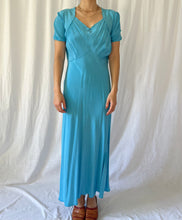 Load image into Gallery viewer, Vintage 30s silk dress azure blue dyed