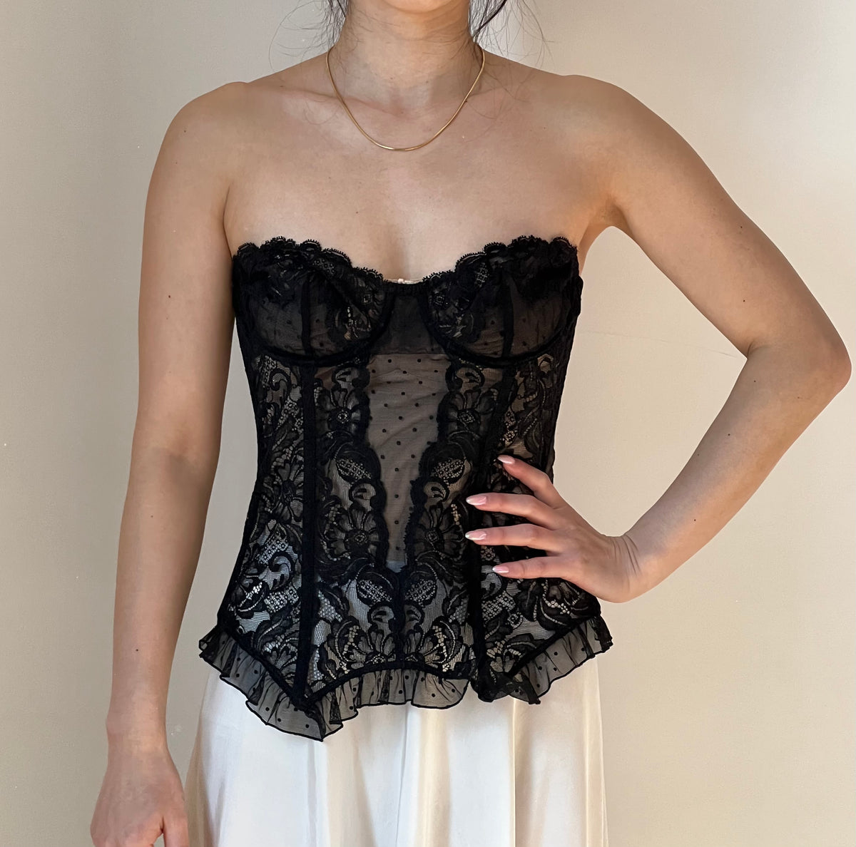 y2k vintage LA PERLA lace corset. black silk sheer bu… - Gem
