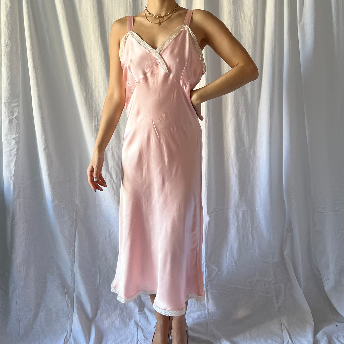 1930s silk slip dress salmon pink lace