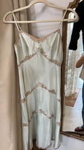 Load image into Gallery viewer, Vintage 1930s silk seafoam slip dress with lace inserts and ribbons