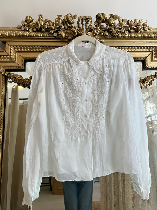 1930s French handmade cotton organdy blouse