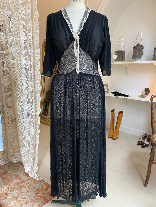 Vintage 1930s silk and lace French black dress