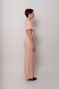 Vintage 1930s Silk Blush Bow Silk Appliqué Maxi Dress