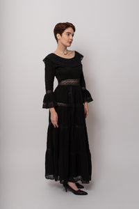 Elegant 1970's Mexican Dress in Rare Black Cotton