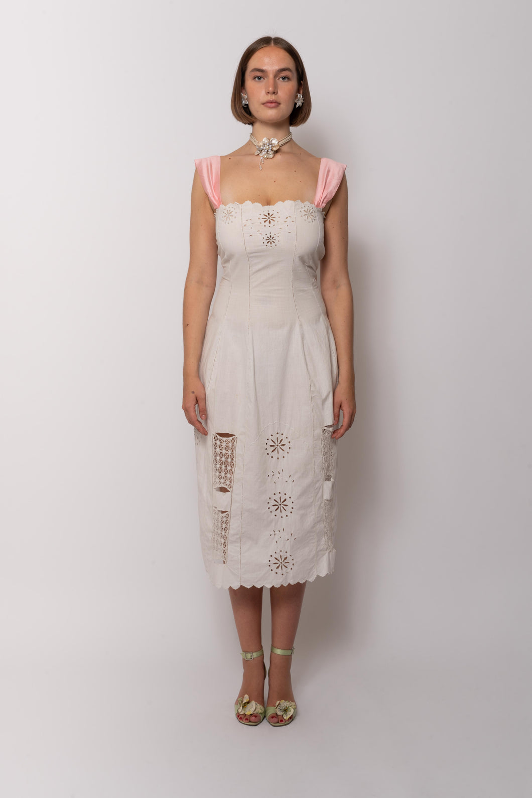 Antique Early 1900s White Paneled Dress with Floral Cutwork and Silk Straps