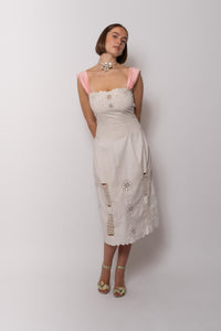 Antique Early 1900s White Paneled Dress with Floral Cutwork and Silk Straps