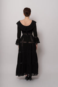 Elegant 1970's Mexican Dress in Rare Black Cotton