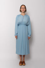 Load image into Gallery viewer, Vintage 1930s Ocean Blue Silk Polka Dot Smocked Waist Dress