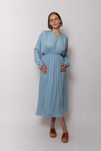 Load image into Gallery viewer, Vintage 1930s Ocean Blue Silk Polka Dot Smocked Waist Dress