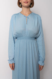 Vintage 1930s Ocean Blue Silk Polka Dot Smocked Waist Dress