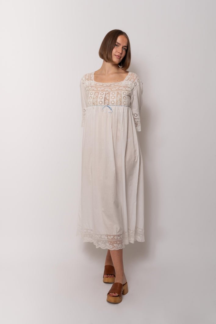 Antique Empire Waist French Cotton Maxi Dress