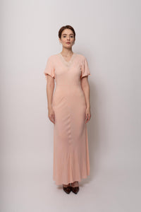 Vintage 1930s Silk Blush Bow Silk Appliqué Maxi Dress