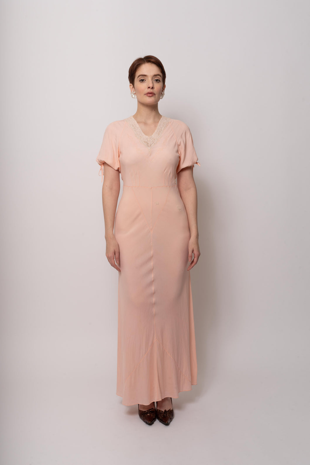 Vintage 1930s Silk Blush Bow Silk Appliqué Maxi Dress