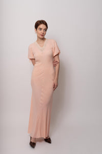 Vintage 1930s Silk Blush Bow Silk Appliqué Maxi Dress