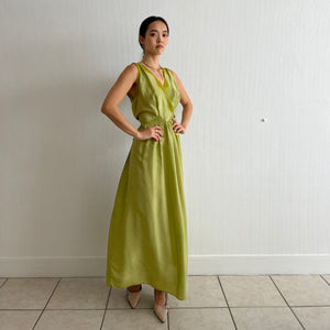 Vintage 30s silk and lace maxi dress pea green hand dyed