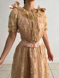 Antique late 1800s silk and lace blouse and skirt set