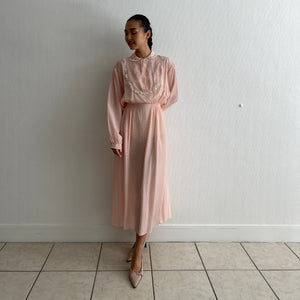 Vintage 1950s silk pink polka dot long sleeves dress