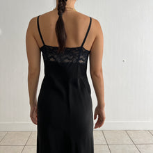 Load image into Gallery viewer, Vintage 1940s black rayon slip dress dark blue lace