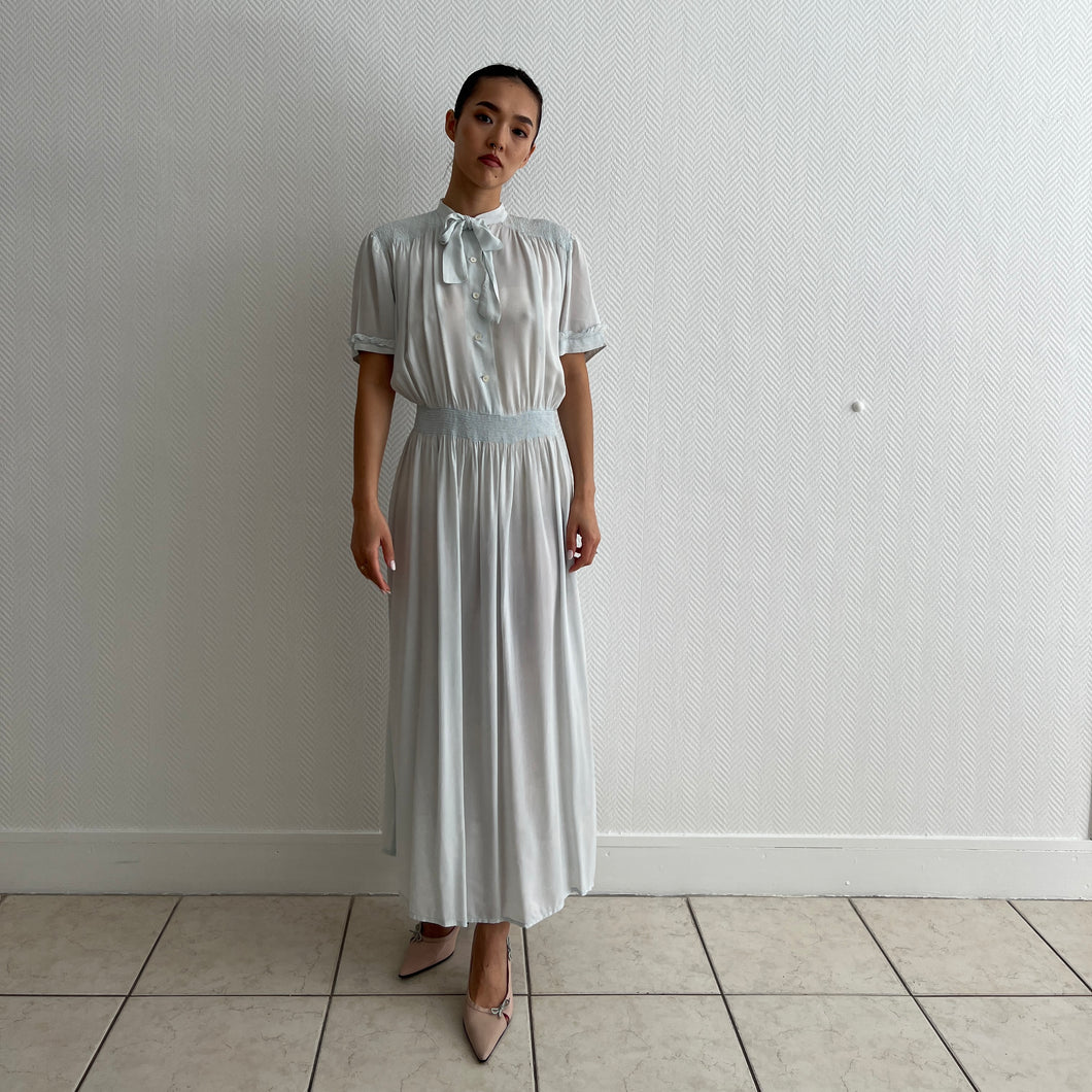 Vintage 1930s sky blue silk dress smocked