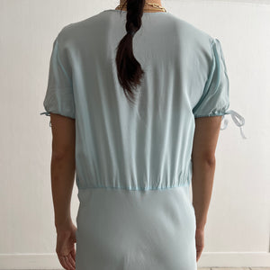 Vintage 1930s blue short sleeves silk dress