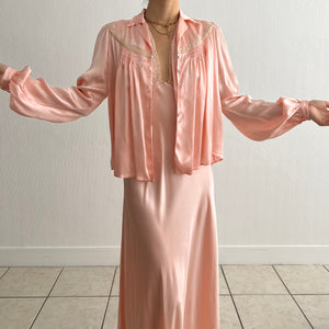 Vintage 1930s silk satin lace peach dress and jacket