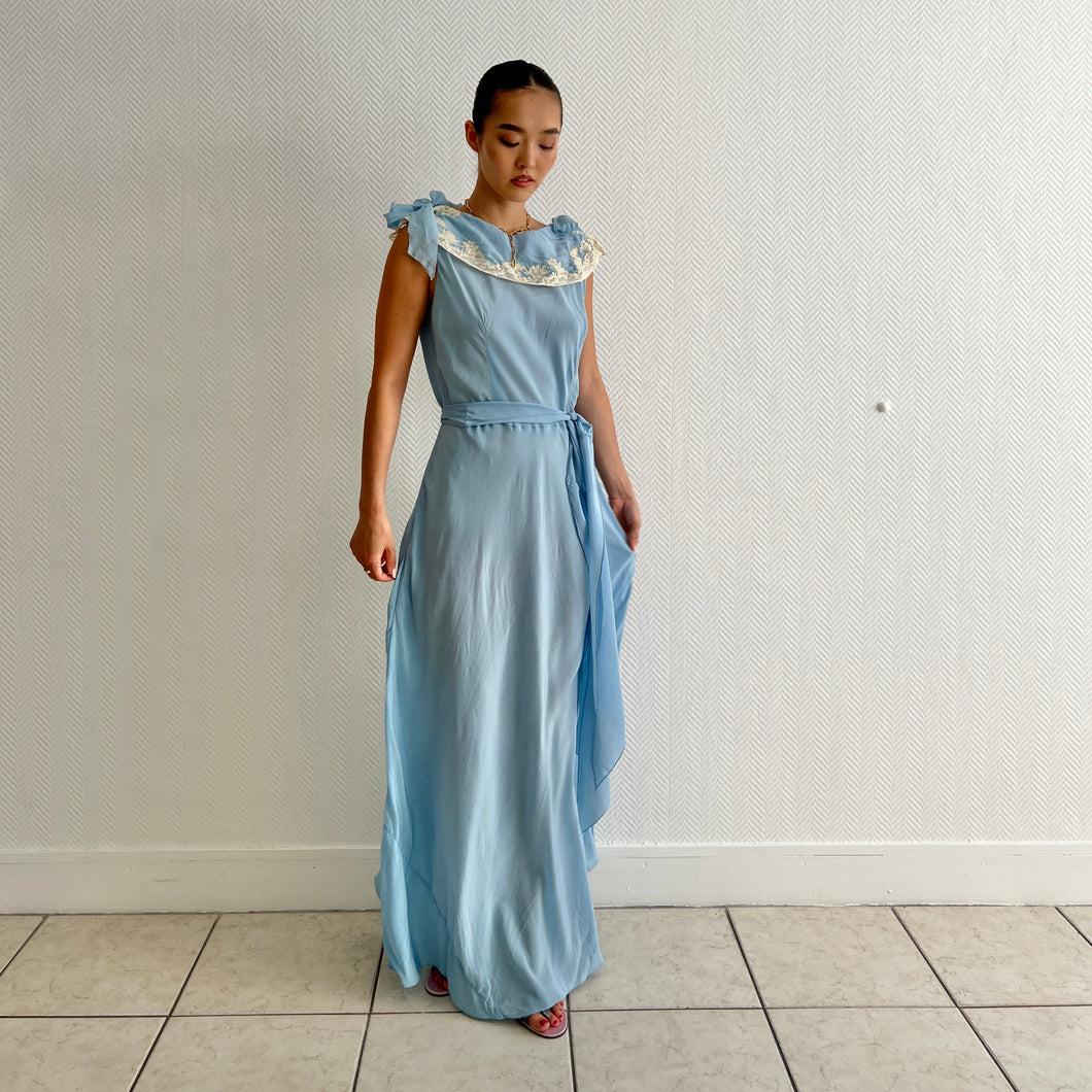 Vintage 1930s silk dress blue azzure and lace