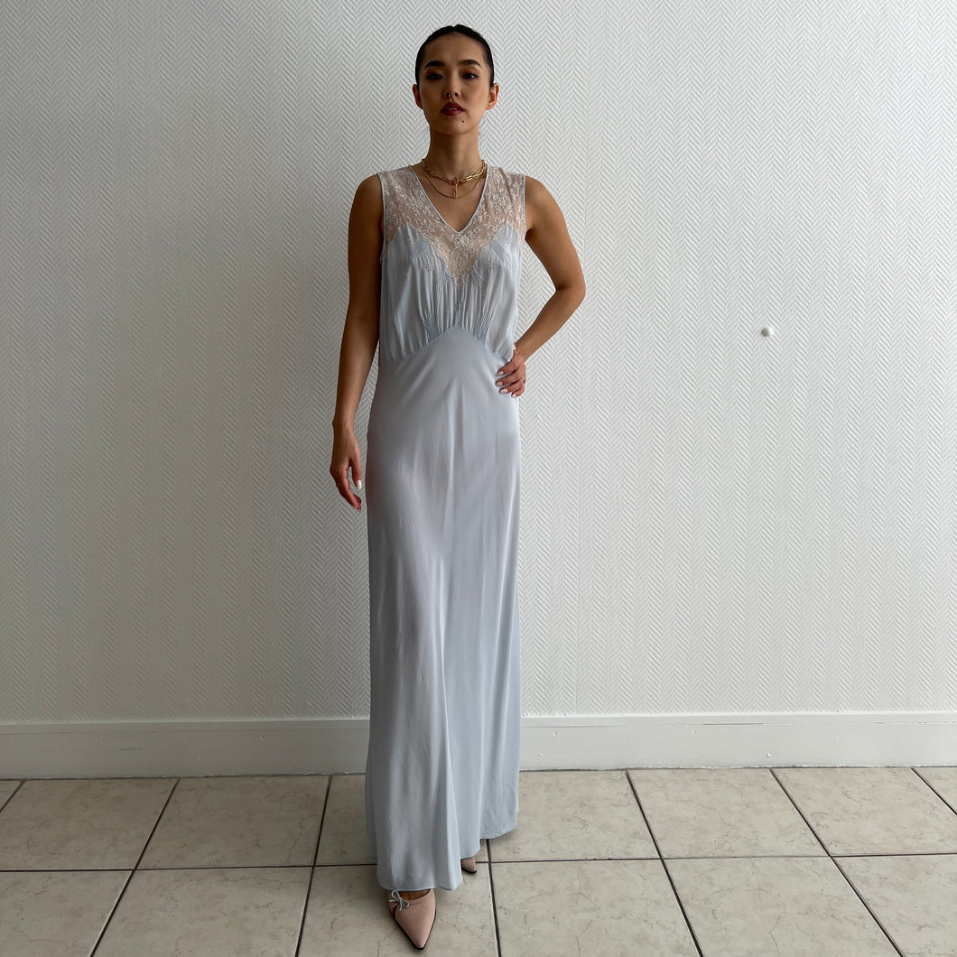 Vintage 1930s light blue silk and lace dress