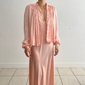 Vintage 1930s silk satin lace peach dress and jacket