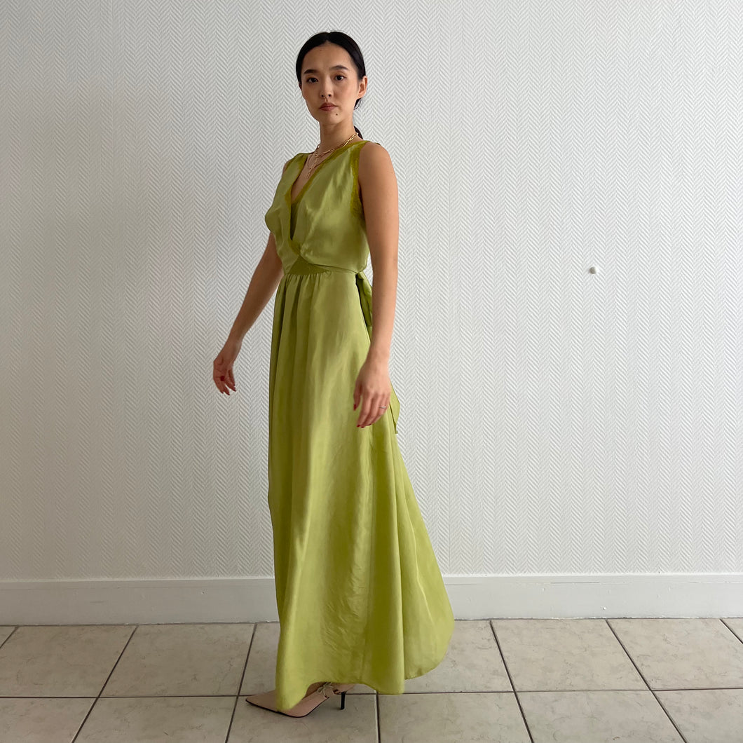 Vintage 30s silk and lace maxi dress pea green hand dyed