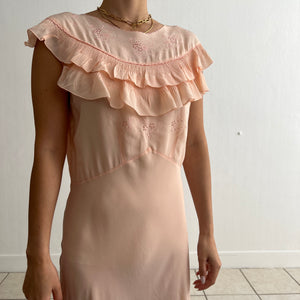 Vintage 1930s silk peach ruffled dress