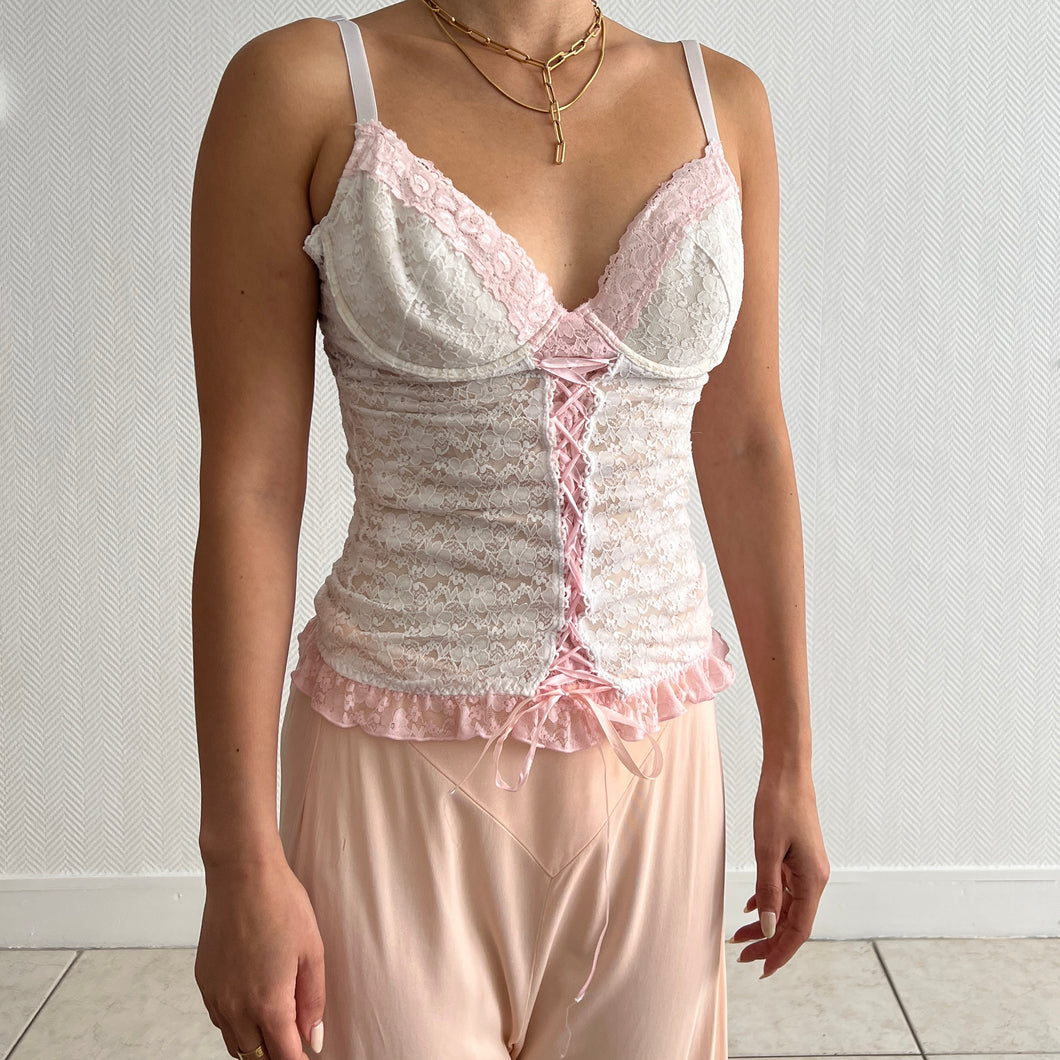 Y2K white and pink lace bustier