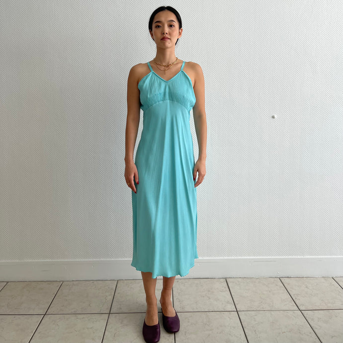 Vintage 30s liquid satin tropical blue dyed slip dress