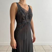 Load image into Gallery viewer, Vintage 30s silk chiffon hand embroidered silk appliqué slip dress and bolero black hand dyed