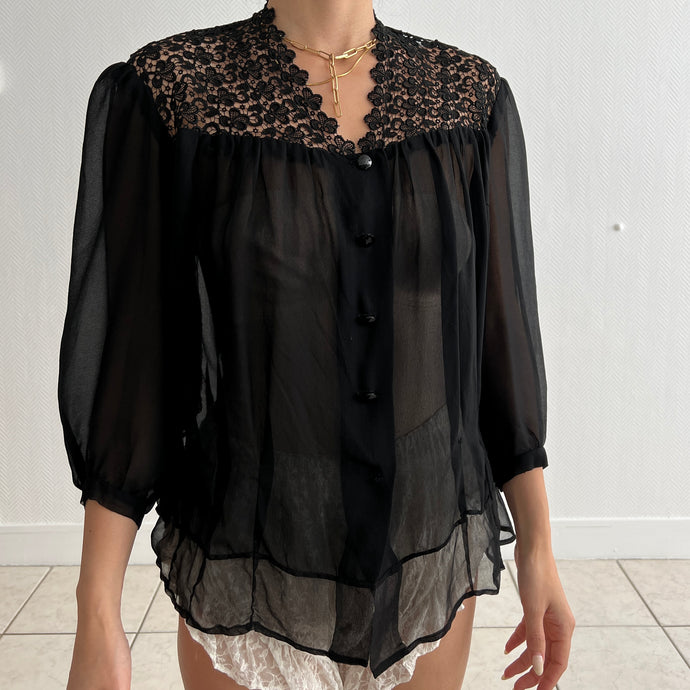 Vintage 1930s silk chiffon black blouse