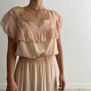 Vintage 1930s light peach silk appliqué dress
