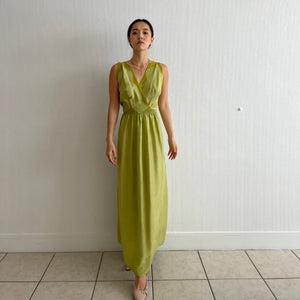 Vintage 30s silk and lace maxi dress pea green hand dyed