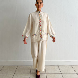 Vintage 1950s silk Chinese hand embroidered cream pajamas