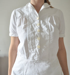 Vintage white cotton handmade dress flower buttons