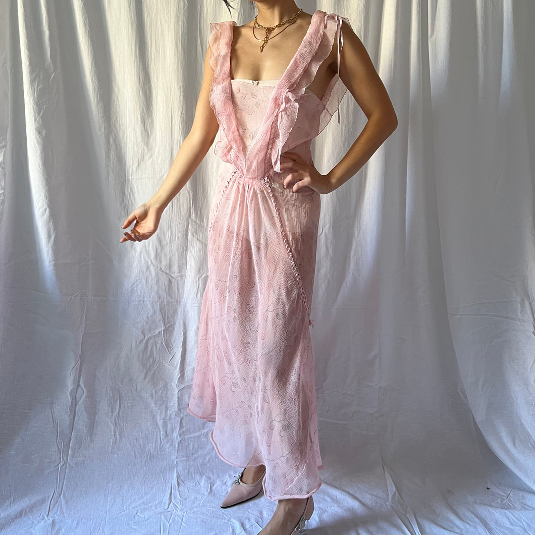 1930s silk chiffon blush floral ruffled dress