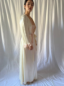 1930s cream silk satin robe with antique lace