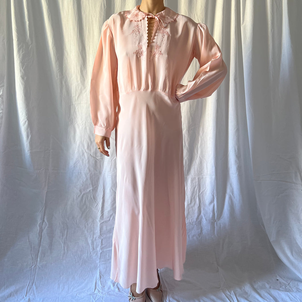 1930s blush silk gown floral embroidery