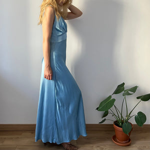 Vintage 1930s deep blue rayon satin evening maxi dress