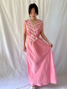 Vintage 1930s silk dress pink polka dot and lace