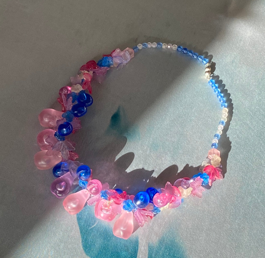 Vintage fruit necklace pink and blue