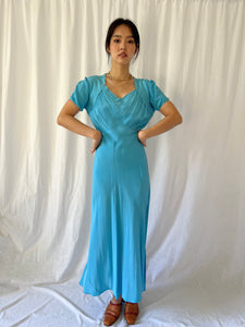 Vintage 30s silk dress azure blue dyed