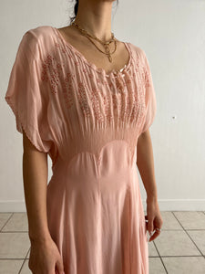 Vintage 1930s light pink silk dress hand embroidered