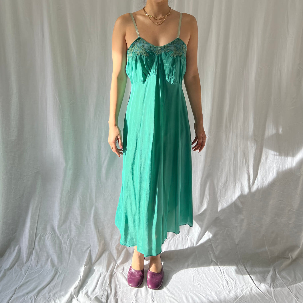 Vintage 1930s silk slip teal dyed dress