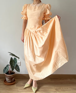 Vintage late 40s moiré peach maxi dress puffed sleeves