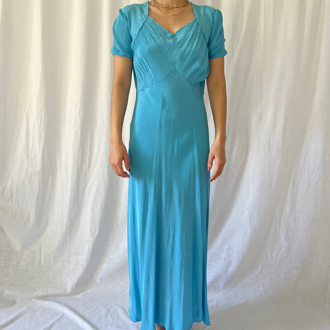 Vintage 30s silk dress azure blue dyed